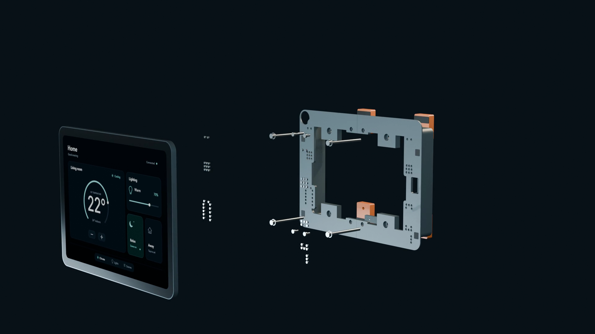 Exploded view showing the iPad, rear attachment magnets, screws and Hovvi housing with four plasterboard clamps