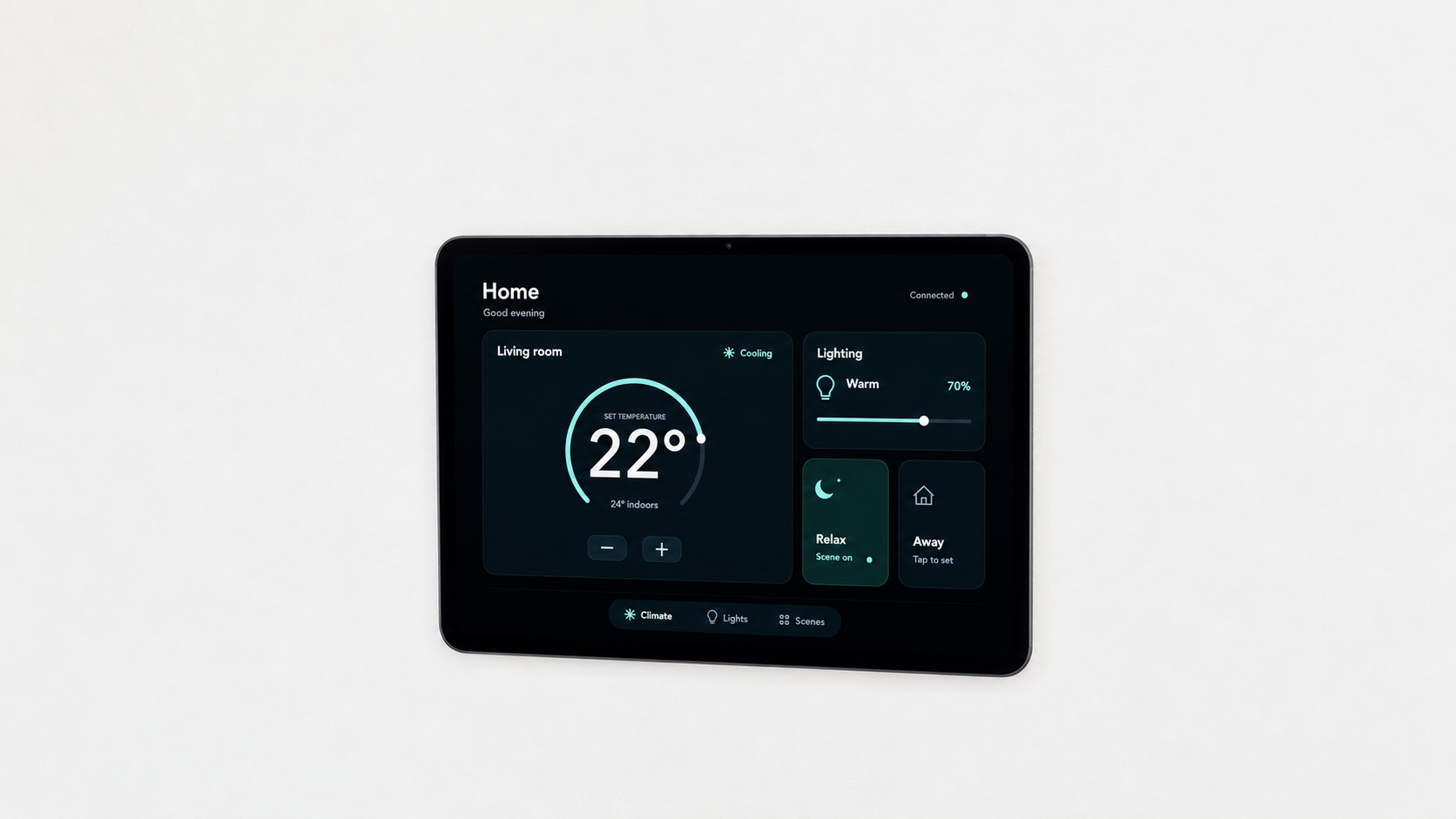 Illustration of an 11-inch iPad Pro M5 mounted on a plaster wall with the Hovvi housing concealed behind it